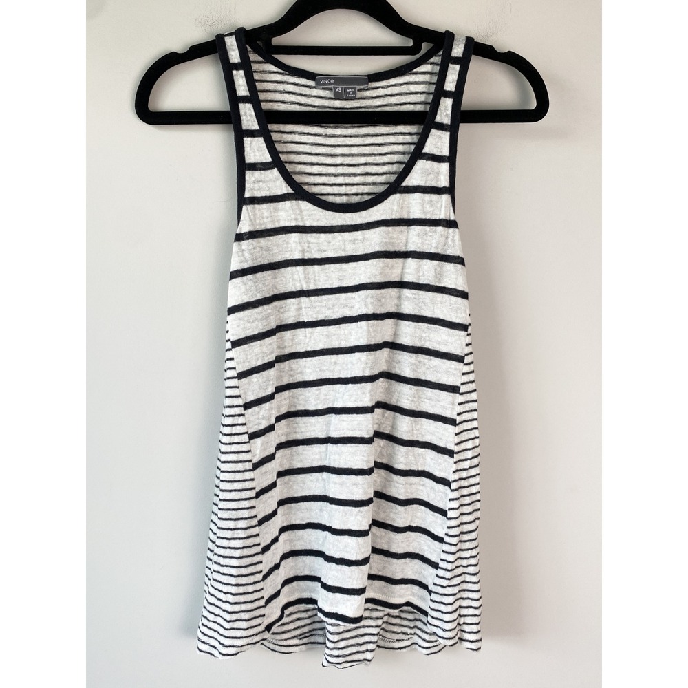 Vince Womens 100% Linen Tank Top XS White Black Stripe Minimalist Chic Natural - Picture 2 of 8